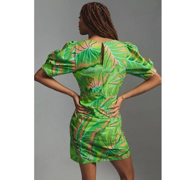 New Anthropologie Farm Rio Puff-Sleeve Mini Dress $190 MEDIUM Green TROPICAL - Picture 3 of 5